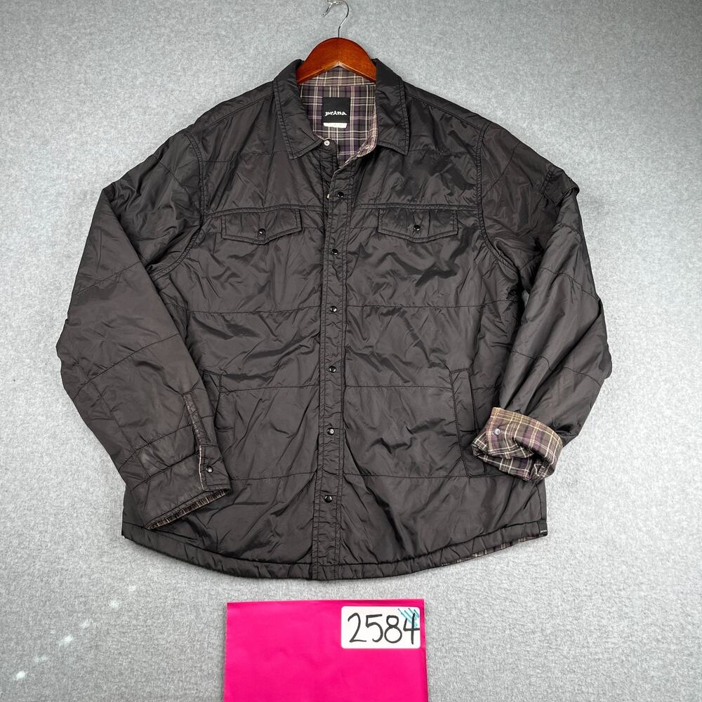 Prana Snap Up Jacket Large Black Plaid Lined Pockets Casual Outdoors Mens